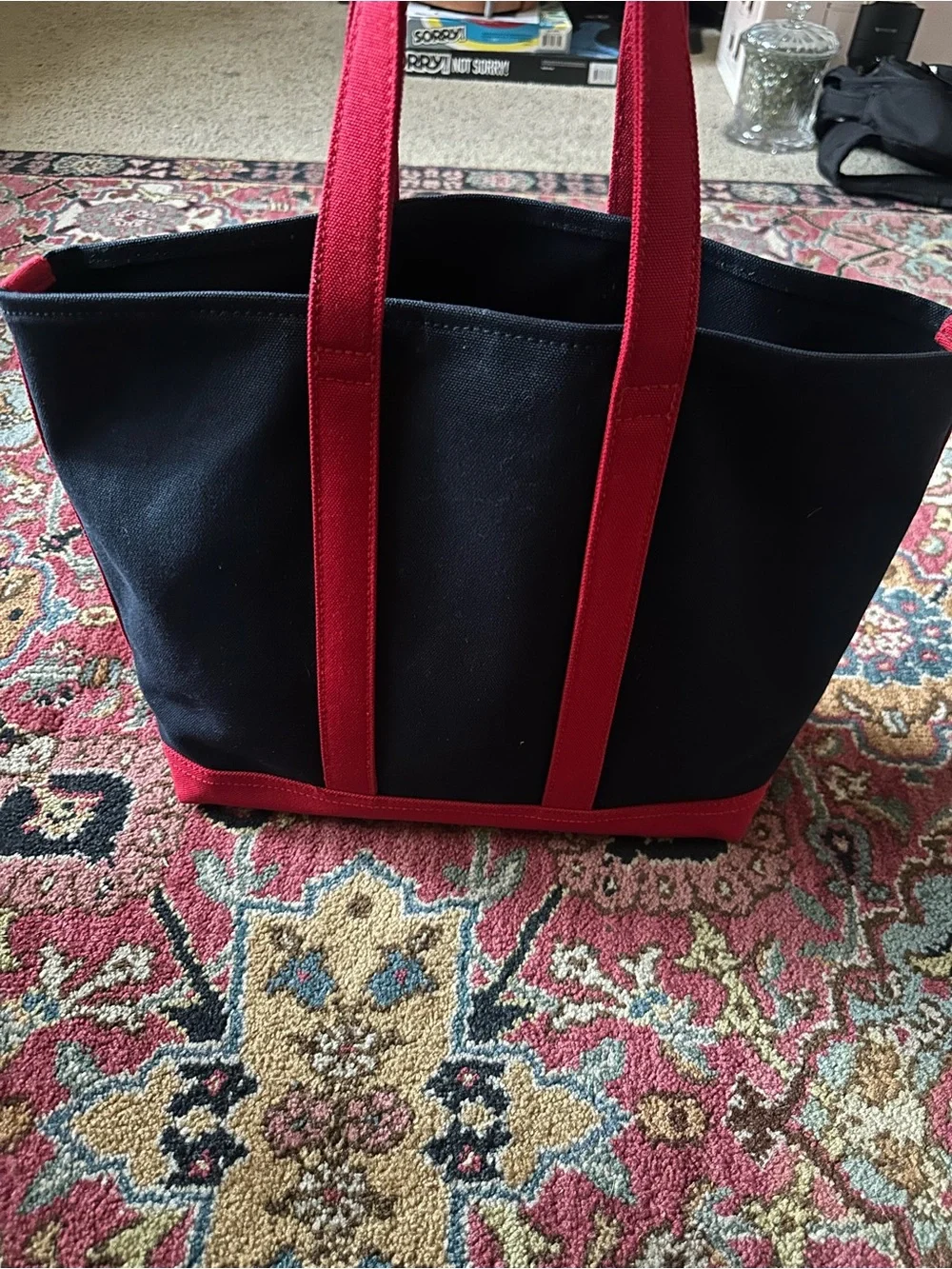 Ralph Lauren Black Canvas Tote with Red Trim and Polo Logo